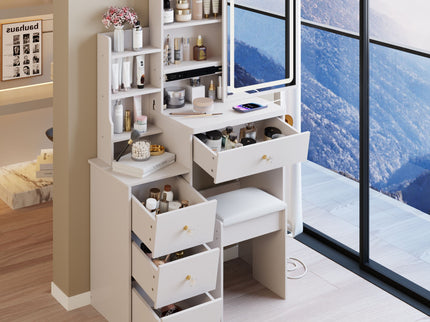 Cabinet Vanity Table & Cushioned Stool, USB Power Station, Hair Dryer Bracket - White