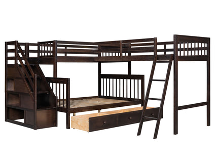 Solid L Shaped Bunk Bed With 3 Drawers, Ladder And Staircase