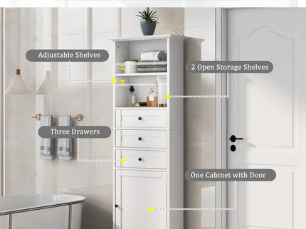 Tall Storage Cabinet With 3 Drawers And Adjustable Shelves For Bathroom