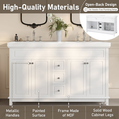 Bathroom Vanity With Double Sinks, 3 Drawers & 4 Doors, Soft Close, All Open Back Design - White
