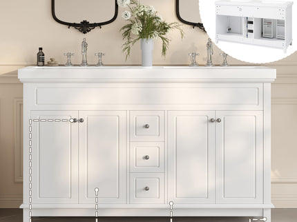 Bathroom Vanity With Double Sinks, 3 Drawers & 4 Doors - White