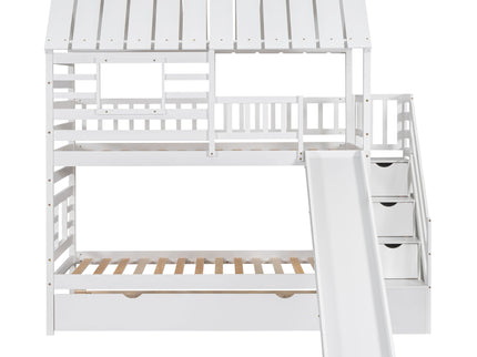 House Bunk Bed With Trundle, Storage Staircase, Roof And Window Design