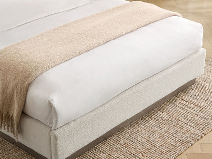 Linton - Queen Size Upholstered Platform Bed - Cream White / Light Grey / Camel Oak