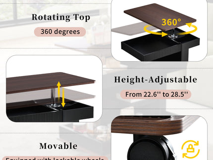 Adjustable End Table With Wheels, 360°Rotating Top And Storage Space