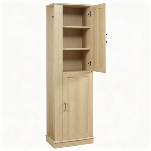 Tall Freestanding Bathroom Storage Cabinet With Adjustable Shelves And Side Hooks