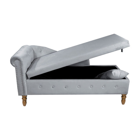 Chaise Lounge Indoor, Lounge Chair For Bedroom With Storage & Pillow, Modern Upholstered Rolled Arm Chase Lounge For Sleeping With Nailhead Trim For Living Room Bedroom Office