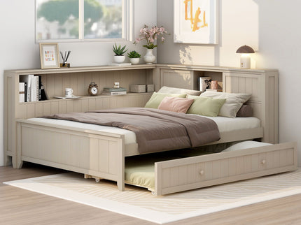 Full Size Daybed With Storage Shelves And Trundle - Ancient White