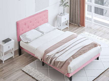 Modern Upholstered Platform Bed Frame With Button Tufted Fabric Headboard