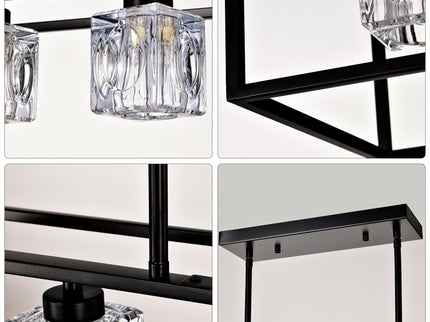 6 Light Farmhouse Chandelier, Modern Industrial Linear Rectangular Crystal Pendant Light Cage Chandelier For Dining Room, Kitchen Island, Bar, Long Table, G9*6 Bulbs Included - Matte Black