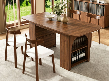 Dining Set With 4 Chairs, Table With Drawers & Open Shelf - Walnut
