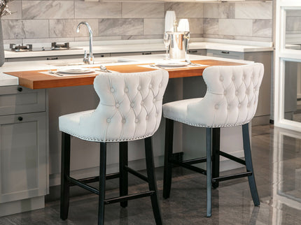 Contemporary Upholstered Wing-Back Barstools With Button Tufted Decoration And Wooden Legs, And Nailhead Trim, Leisure Style Bar Chairs, Bar Stools (Set of 2)