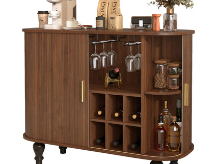 Fluted Liquor & Coffee Bar Cabinet With 6 Wine Racks And 3 Glass Holders