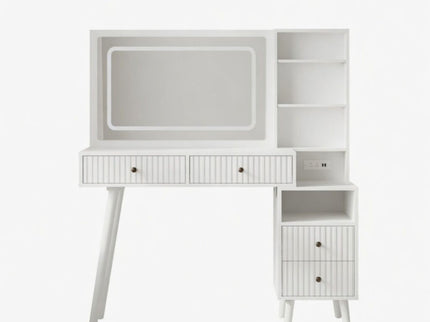 Fluted Vanity Desk With Lighted Mirror & Outlet 4 Drawer, Makeup Table - White
