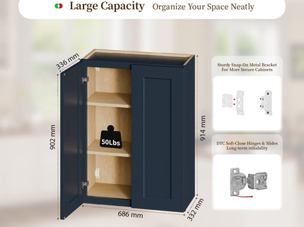 Shaker Wall Cabinet With Soft Close Hinges, Adjustable Shelves, Double Door