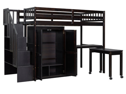 Loft Bed With Stairs, Bookshelf, Drawers, Desk & Wardrobe, Space Saving Multifunctional Furniture