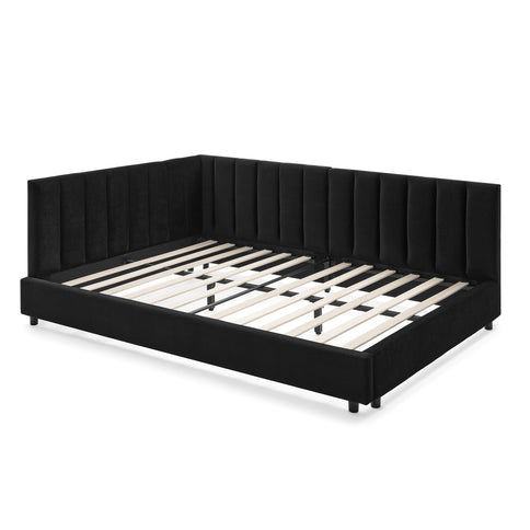Mid-Century Upholstered Tufted Bed Frame With Backrest And Armrests