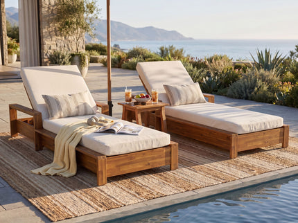 Chaise Lounge Set With 3 Position Adjustable Backrest, 2 Fold Cushion, Outdoor Recliner For Patio - Cream / Teak