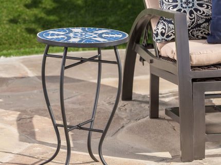 Outdoor Round Side Table With Mosaic Style Top And Curved Iron Legs - Blue / Matte Black