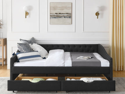 Upholstered Tufted Daybed With 2 Drawers, Waved Arms