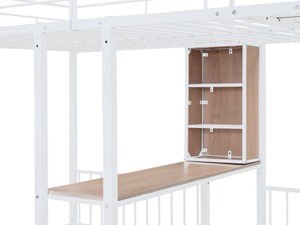 Triple Bunk Bed With Drawers, Multi-Functional Frame With Desks And Shelves In The Middle