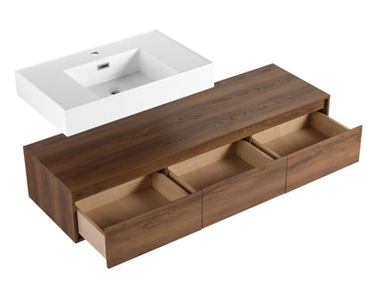 Modern Wall Mounted Bathroom Vanity With Resin Sink And Soft Close Drawer - Brown Ebony