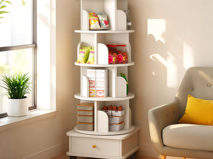 Rotating Bookshelf With Wheels And Drawer, 360° Spinning Design, Space Saving Storage