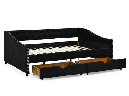 Upholstered Tufted Daybed With 2 Drawers, Waved Arms
