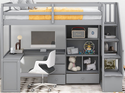 Loft Bed With L Shaped Desk, Drawers, Cabinet, And Storage Staircase