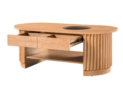 Fluted Oval Coffee Table With Drawers, 2 Tier Cocktail Table
