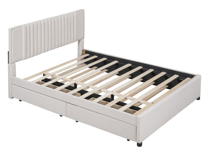Upholstered Platform Bed With Drawers, Classic Headboard Design