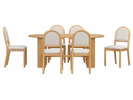 Oval Dining Table Set For 6 With Fluted Pedestal Base, 7 Piece Set Including 6 Upholstered Chairs