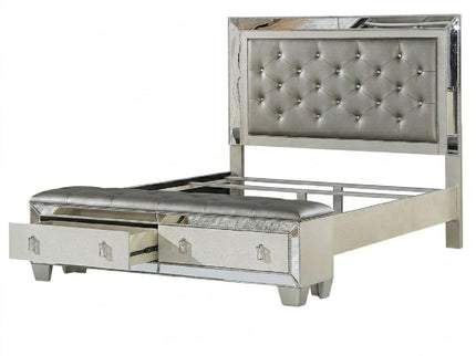 Glamorous Tufted Headboard Bed With Mirror Trim