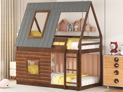 Wood Twin Size House Bunk Bed With Roof, Ladder And 2 Windows - Oak & Smoky Gray