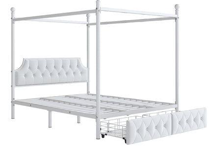 Queen Size Canopy Platform Bed With Upholstered Headboard And 2 Storage Drawers - White
