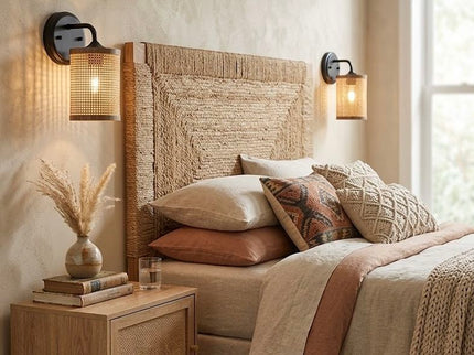 Reef - Single Lights Wall Sconce With Natural Shade Rustic Wicker Wall Light - Black / Rattan