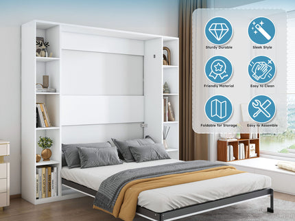 Queen Murphy Bed With Storage Cabinet, Foldable Wall Bed For Bedrooms - White