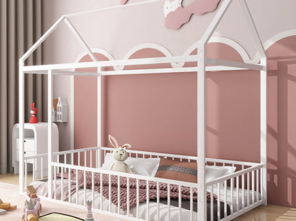 Metal Bed House Bed Frame With Fence