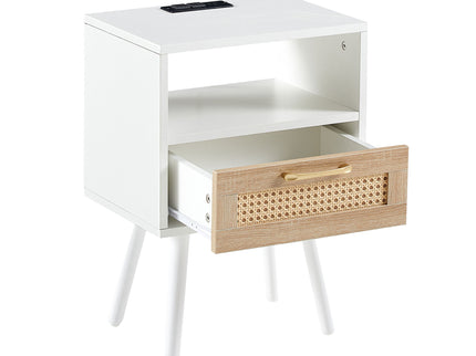 15.75" Rattan End Table With Power Outlet & USB Ports, Modern Nightstand With Drawer And Solid Wood Legs, Side Table For Living Room, Bedroom