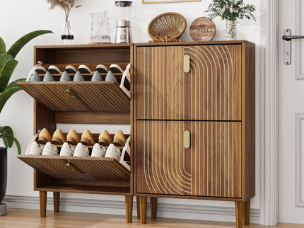 Modern Minimalist Shoe Storage Cabinet With 2 Flip Drawers And Metal Handles - Brown