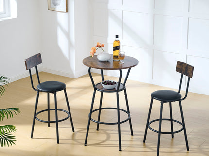Rustic Brown Round Bar Table And Stool Set With Shelf, Upholstered Stool With Backrest - Antique Brown