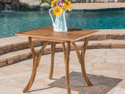 Outdoor Rectangular Table With Curved Legs And Perpendicular Wooden Slats Table Top