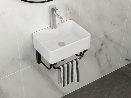 Rectangular Bathroom Sink With Towel Bar & Faucet Hole, Wall Mounted - White