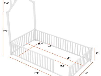 Metal House Platform Bed With Guardrail And Chimney