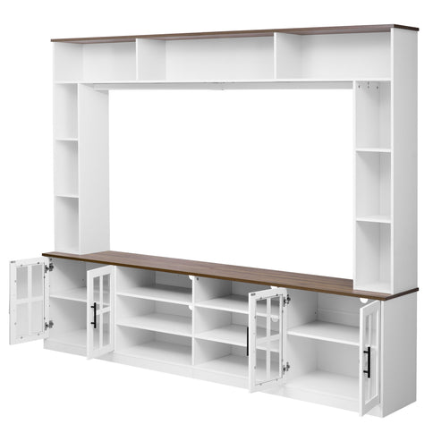 Wall Unit Entertainment Center With Bookshelves For TVs Up To 80", Tempered Glass Doors And Adjustable Shelves