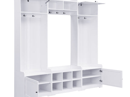 Wide Hall Tree With Shoe Storage, 4 In 1 Entryway Bench With 8 Cubbies, 7 Coat Hooks & Adjustable Shelf For Hallway - White
