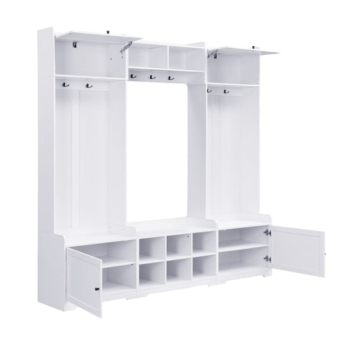 Wide Hall Tree With Shoe Storage, 4 In 1 Entryway Bench With 8 Cubbies, 7 Coat Hooks & Adjustable Shelf For Hallway - White