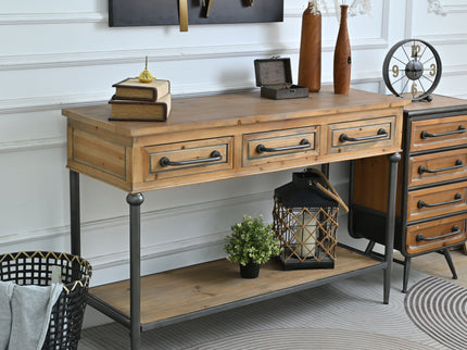 Accent Storage Console Table With Open Shelf And 3 Drawers For Living Room - Natural Wood / Brown