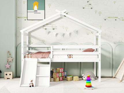 Low Loft House Bed With Slide, Ladder, Safety Guardrails, House Roof Frame
