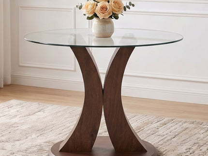 2 In 1 Round Glass Dining Table With Adjustable Curved Base, - Transparent / Walnut
