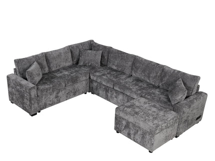 Sectional Sofa Pull-Out Sofa Bed Sleeper With A Storage Ottoman, Three Pillows And Charging Devices For Living Room